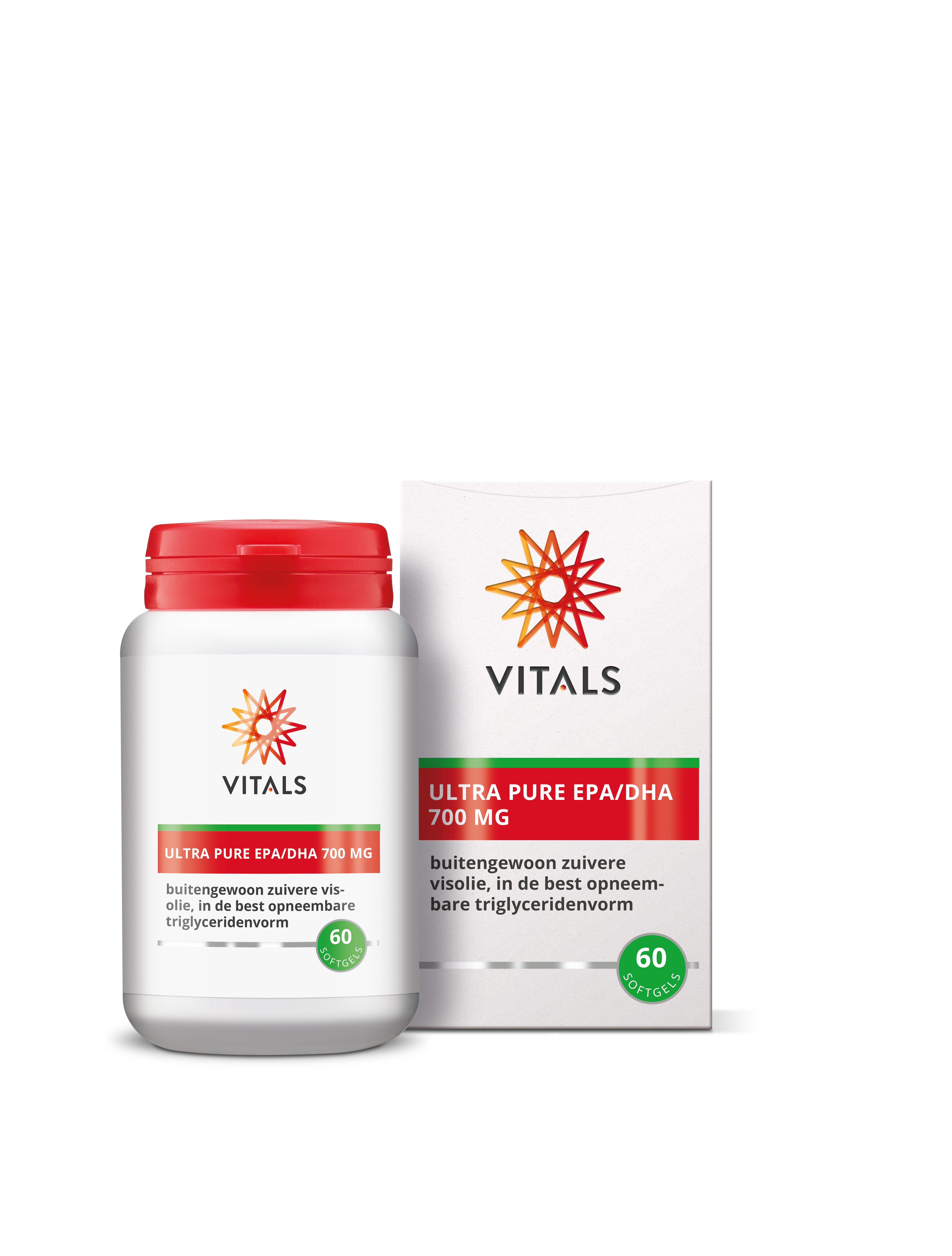 Vetzuren Vitals EPA/DHA Ultra Pure 700mg softgels, close-up of 60 softgel bottles for omega-3 supplement.