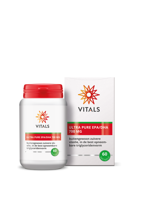 Vetzuren Vitals EPA/DHA Ultra Pure 700mg softgels, close-up of 60 softgel bottles for omega-3 supplement.