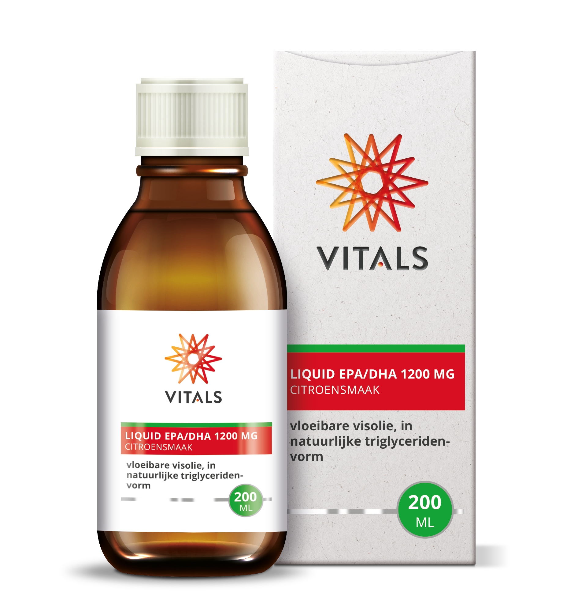 Bottle of Vitals EPA/DHA liquid supplement with 1200mg omega-3, 200ml size, featuring a label with blue and white design.