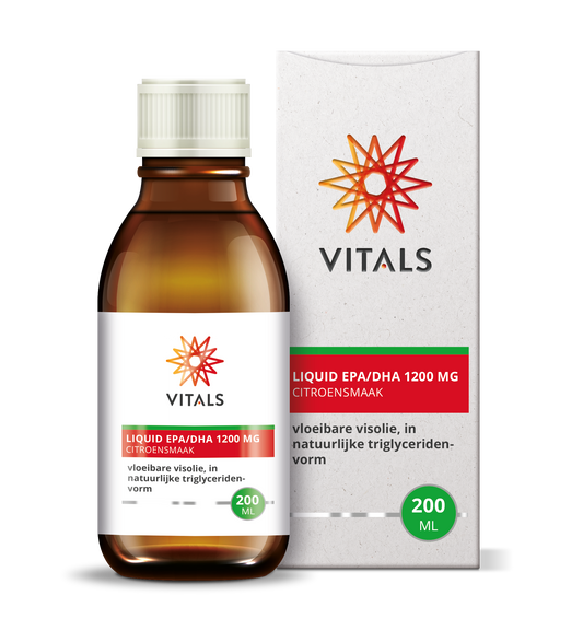 Bottle of Vitals EPA/DHA liquid supplement with 1200mg omega-3, 200ml size, featuring a label with blue and white design.
