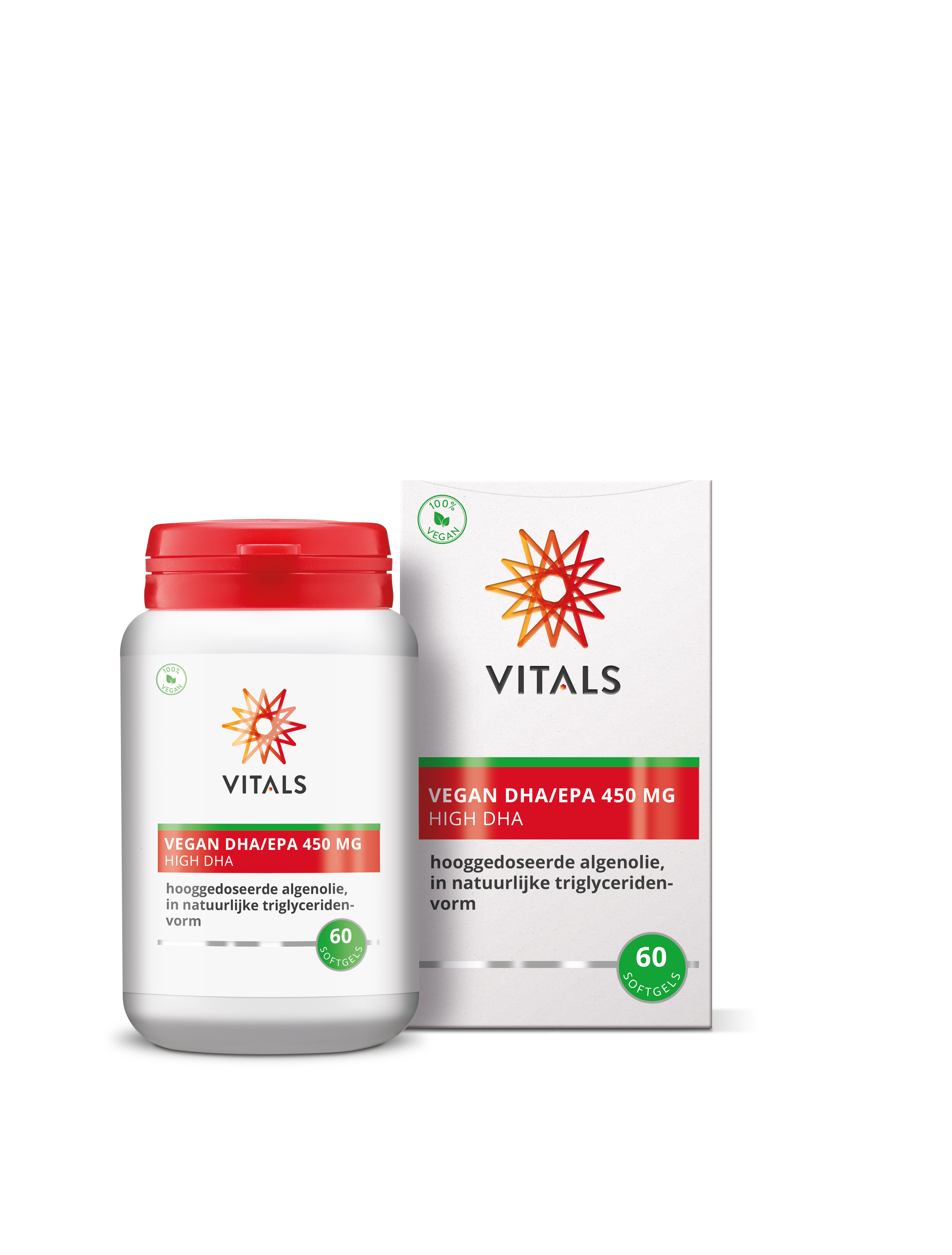 Vetzuren Vitals DHA/EPA 450mg vegan softgels in a bottle, dietary supplement for heart and brain health, 60 softgels.