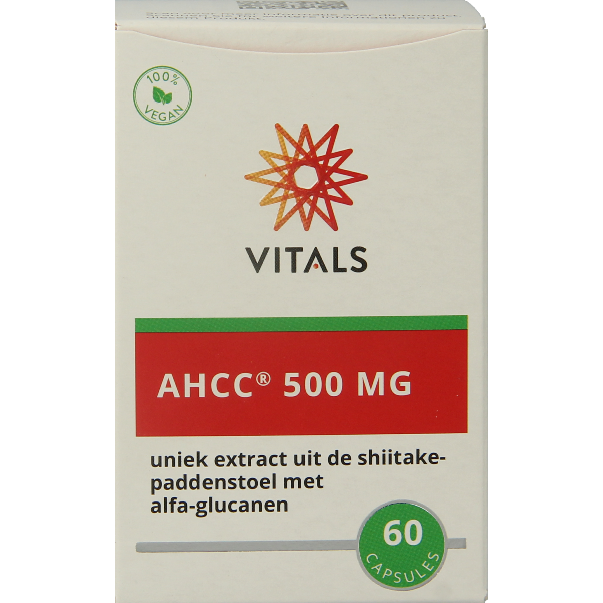 Vitamins and herbal supplement Vitals AHCC 500mg capsules in a bottle, part of herbal preparations collection.