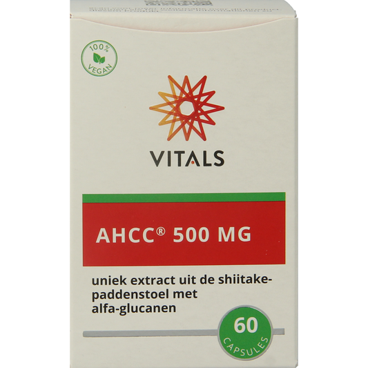 Vitamins and herbal supplement Vitals AHCC 500mg capsules in a bottle, part of herbal preparations collection.