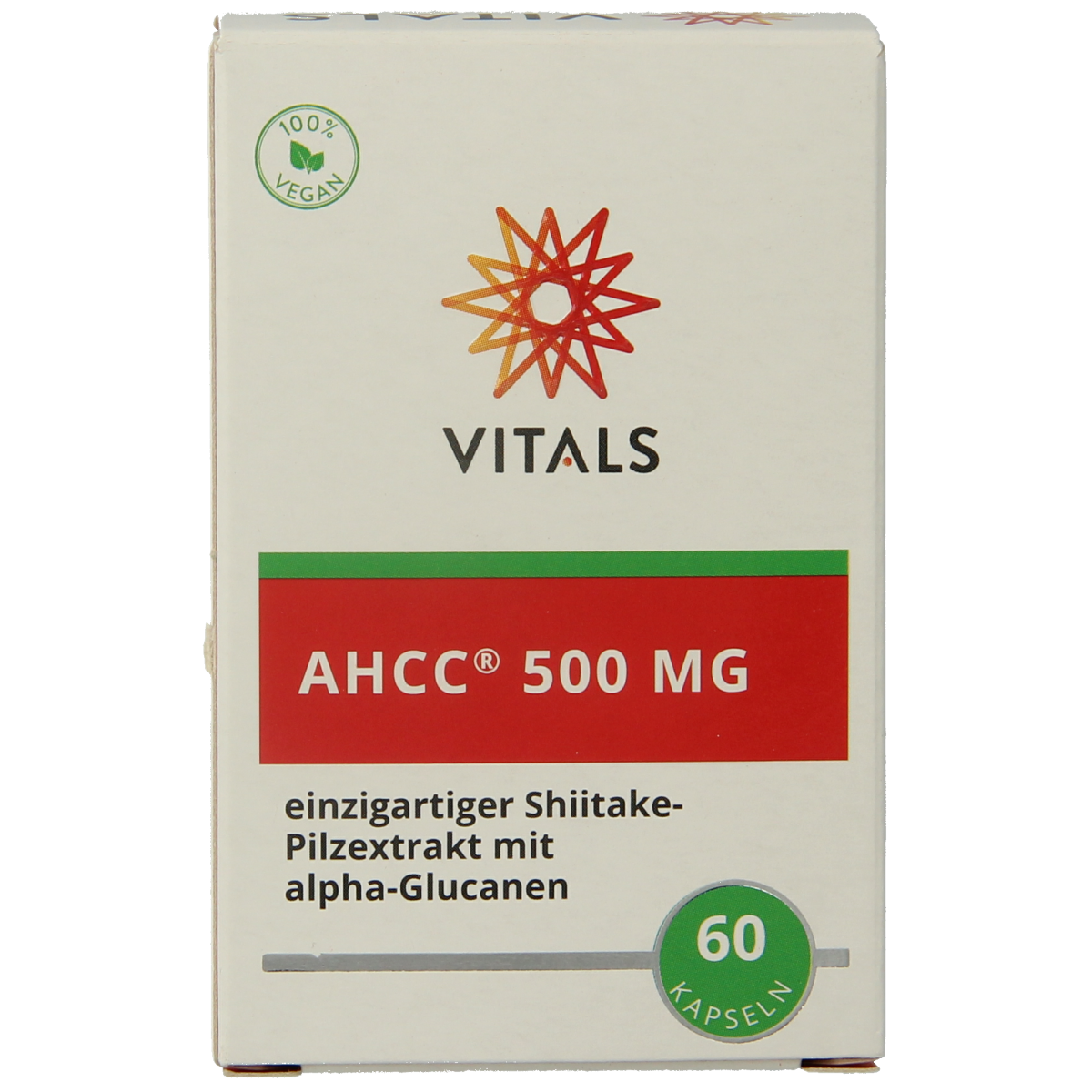 Vitals AHCC 500mg herbal supplement capsules, natural kruidenpreparaten, 60 capsules, showing the bottle and label.