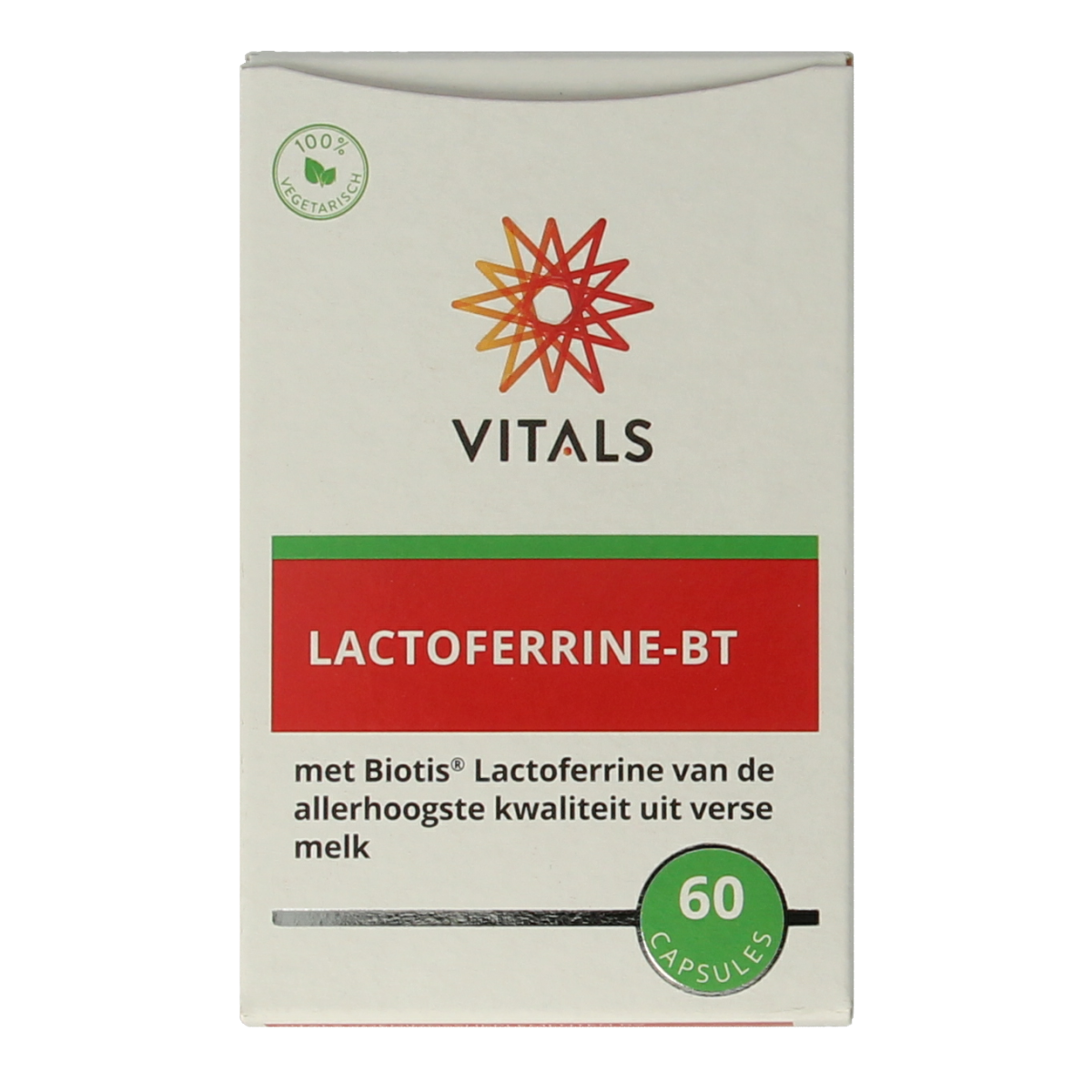 Vital Vitals Lactoferrine-BT 60 capsules, dietary supplement with minerals, shown in a clear bottle with capsules inside.