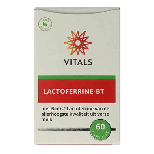 Vital Vitals Lactoferrine-BT 60 capsules, dietary supplement with minerals, shown in a clear bottle with capsules inside.