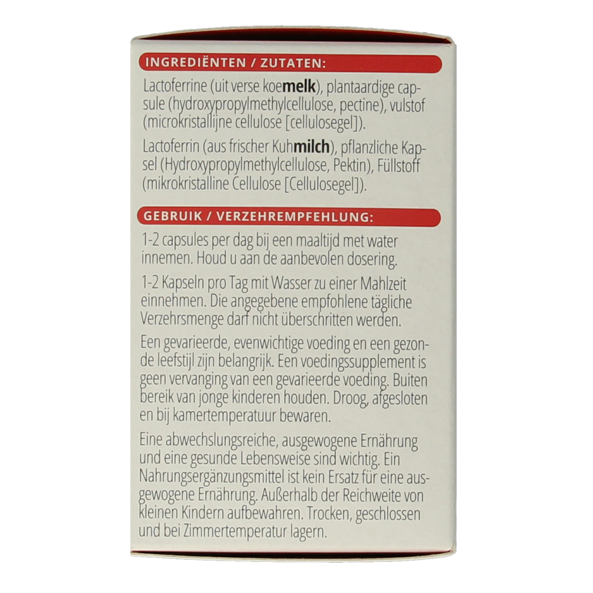 Vitals Lactoferrine-BT 60 capsules, dietary supplement with mineralen enkel, shown in a bottle against a plain background.