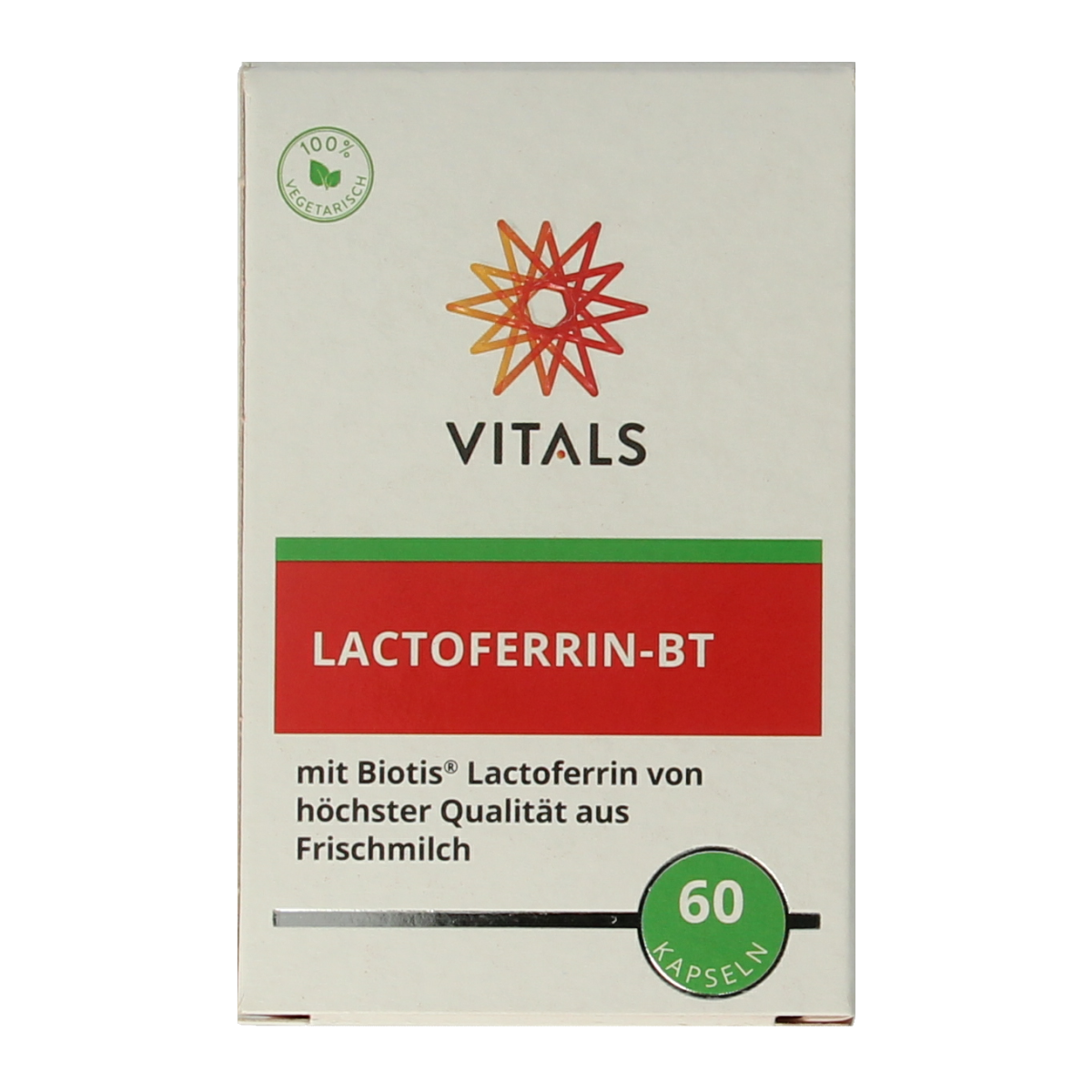 Vitals Lactoferrine-BT mineral capsules in a white bottle with a label, displayed on a plain background.