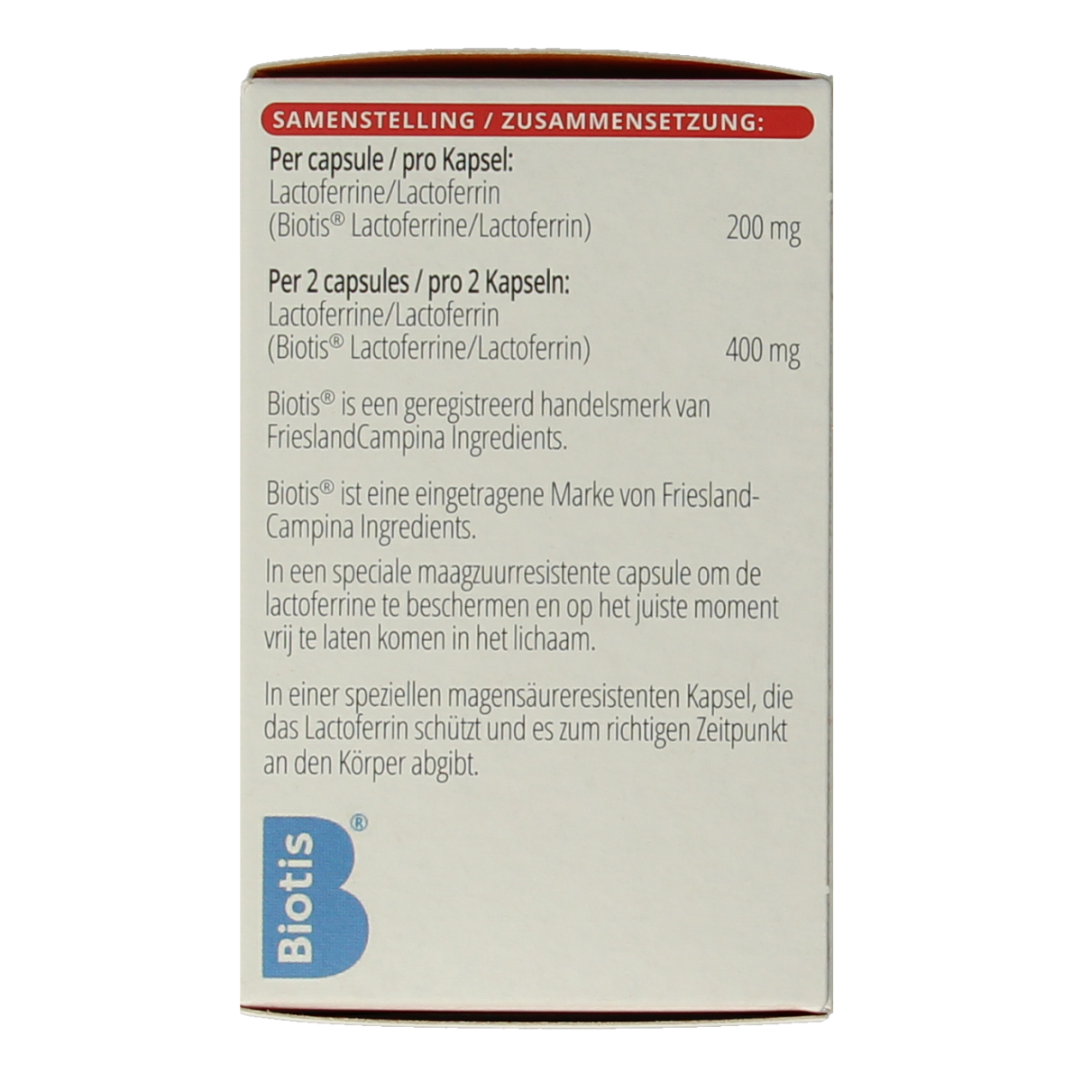 Vitamins and minerals supplement Vitals Lactoferrine-BT 60 capsules, featuring a bottle with label and capsules inside.