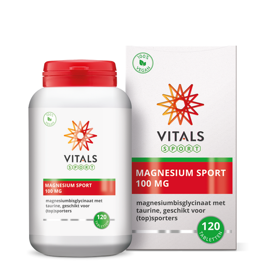 Vitals Magnesium Sport mineral tablets in a bottle, showing 120 tablets for muscle and energy support.