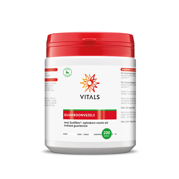 Vitals Guarboonvezels, 200g, dietary fiber supplement with enzymes, in a clear container with label and scoop.