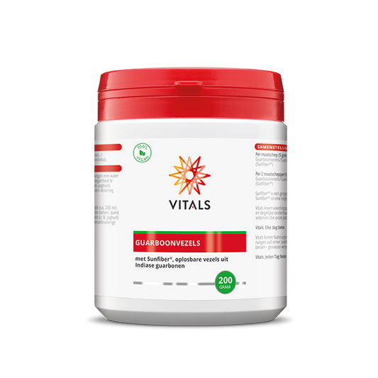 Vitals Guarboonvezels, 200g, dietary fiber supplement with enzymes, in a clear container with label and scoop.