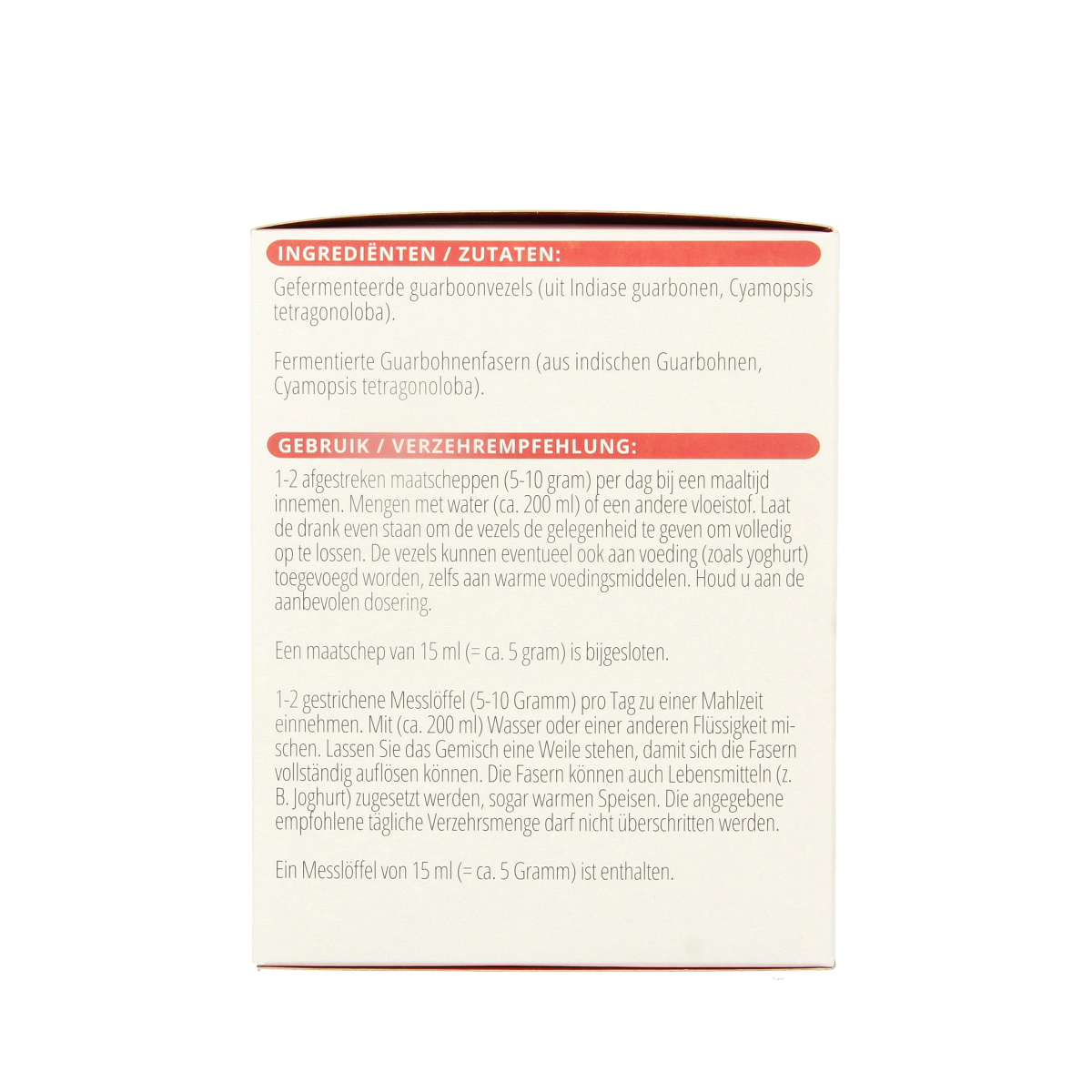 Vitals Guarboonvezels fiber and enzyme supplement in a 200g package, showing the product label and package details.