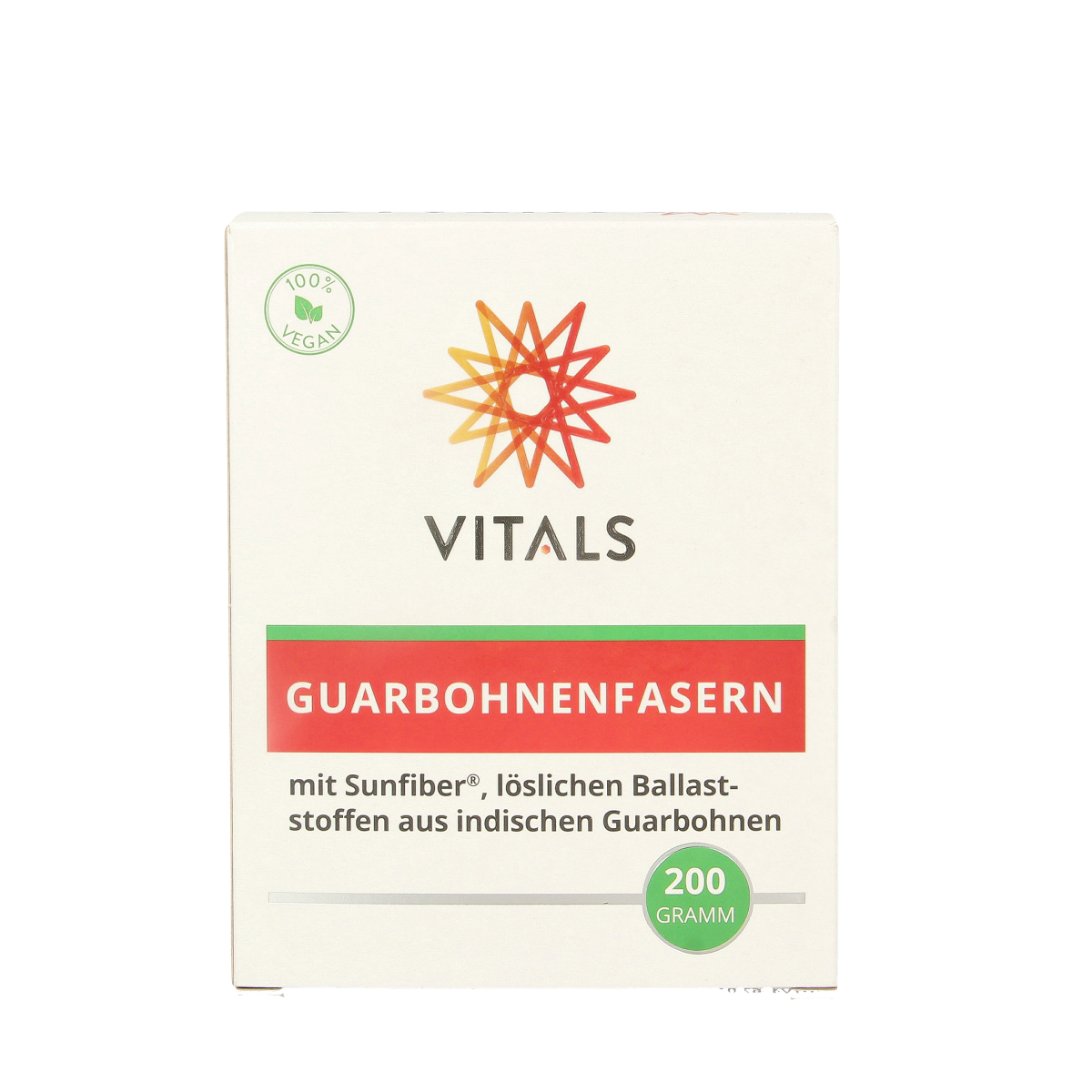 Vitals Guarboonvezels, 200g, dietary fibers and enzymes supplement, showing a close-up of the product packaging.