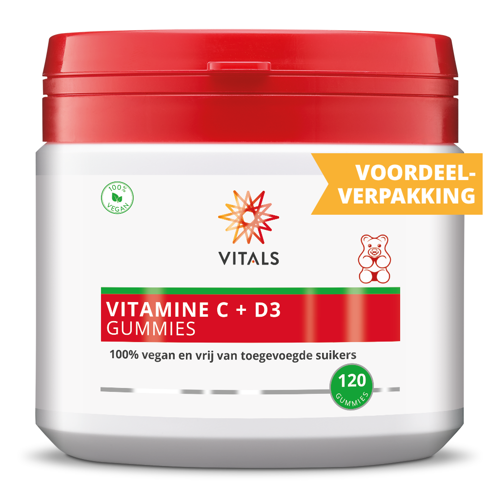 Vitals Vitamine C + D3 multivitamin gummies in a clear container, showing colorful gummy tablets for immune support.