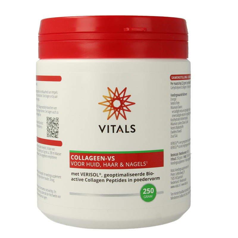 Vitals Collageen VS multivitamin supplement in 250g container, featuring colorful label and capsule illustrations.