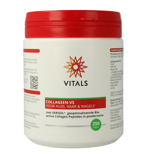 Vitals Collageen VS multivitamin supplement in 250g container, featuring colorful label and capsule illustrations.
