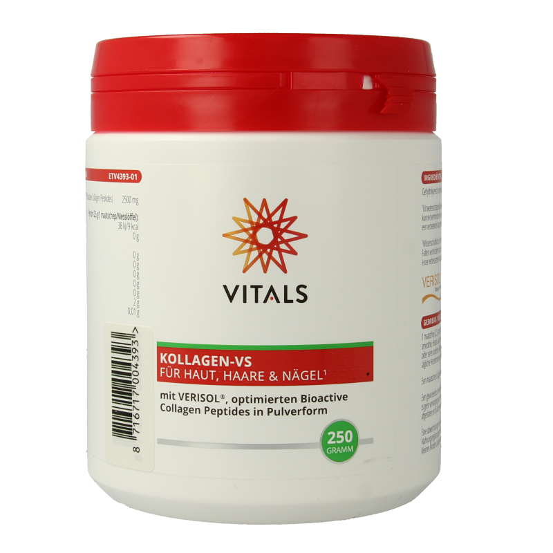 Vitals Collageen VS 250g, a multi-vitamin supplement in a jar with a scoop and capsules on a white background.