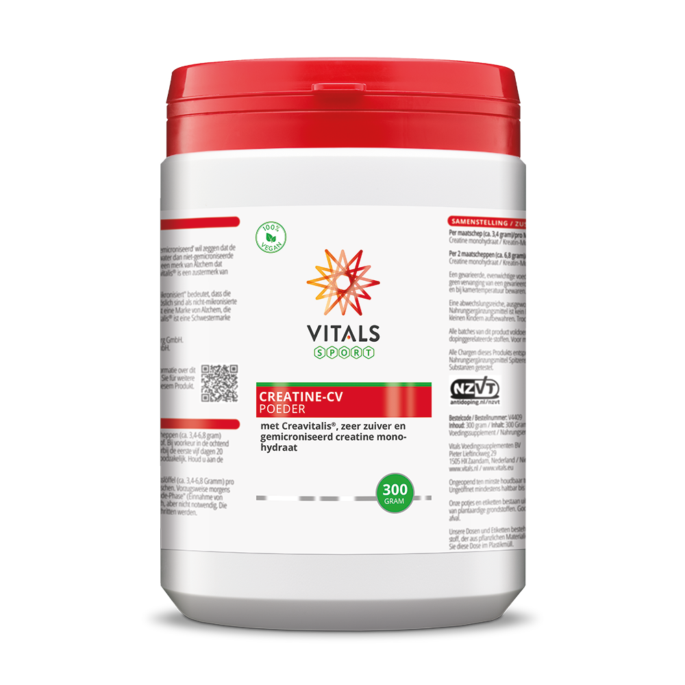 Vitals Creatine CV amino acids supplement, 300g jar, with white powder visible inside the container