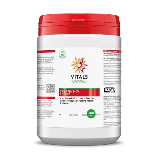 Vitals Creatine CV amino acids supplement, 300g jar, with white powder visible inside the container