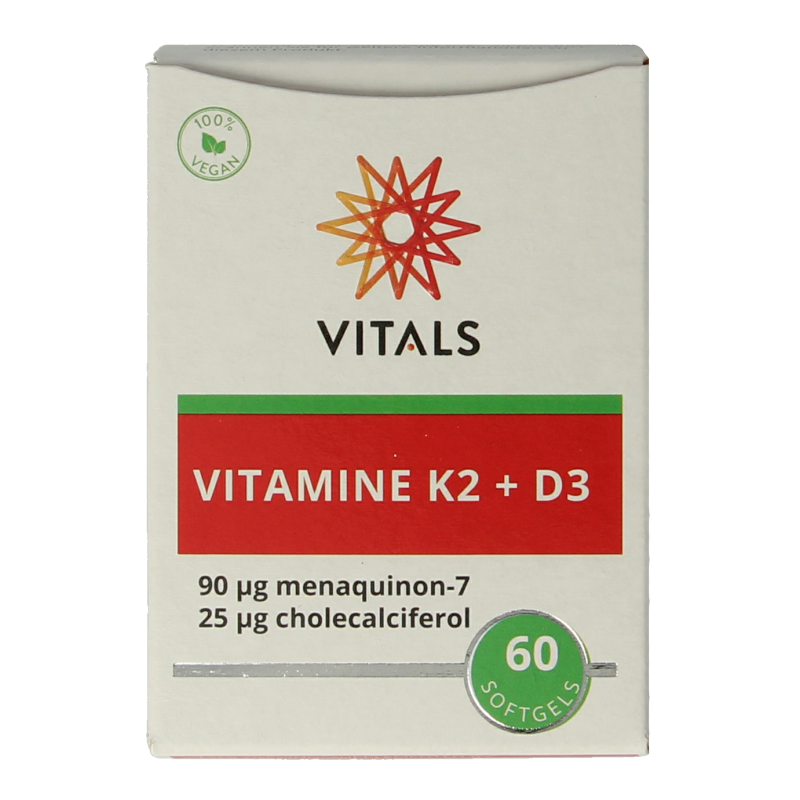 Bottle of Vitals Vitamin K2 + D3 softgels, a dietary supplement in a white container with a label showing the product name and softgel capsules.