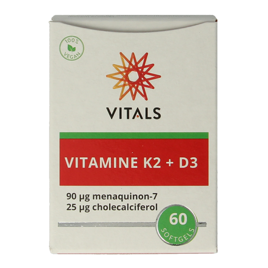 Bottle of Vitals Vitamin K2 + D3 softgels, a dietary supplement in a white container with a label showing the product name and softgel capsules.