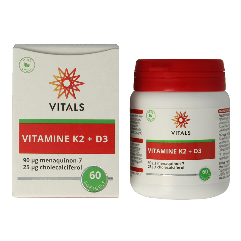 Vitals Vitamin K2 + D3 softgels, dietary supplement with 60 softgel capsules, supporting bone and immune health.