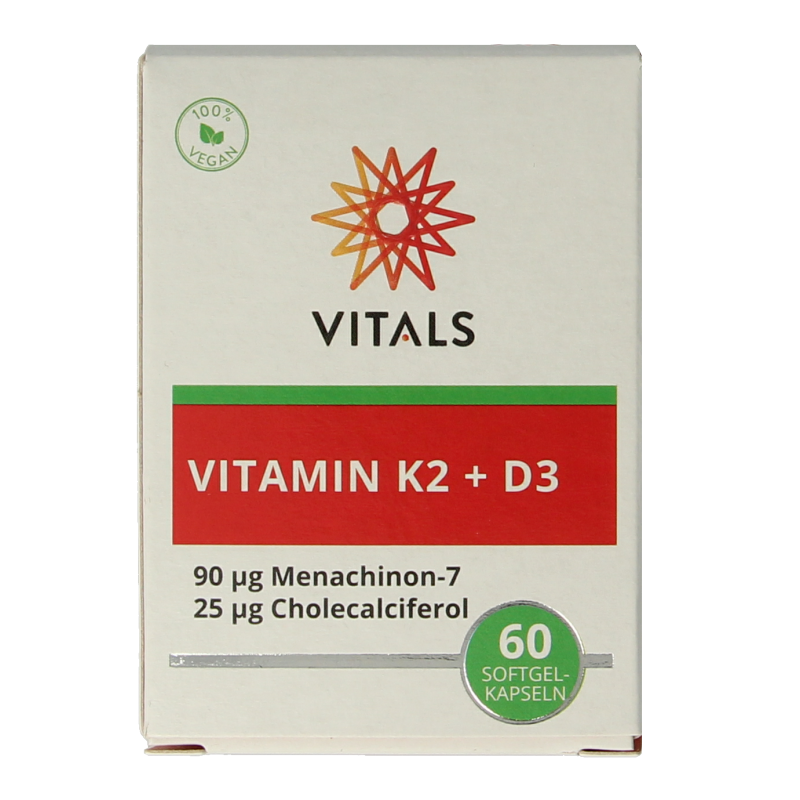 Vitals Vitamin K2 + D3 softgels in a bottle, dietary supplement for bone and immune health, displayed in the image.