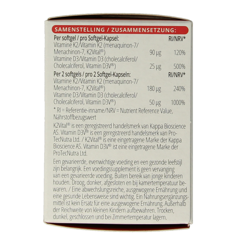 Vitals Vitamine K2 + D3 softgels in a bottle, dietary supplement for bone and immune health.