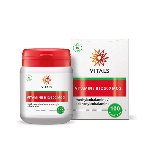 Vitals Vitamine B12 500mcg zuigtabletten, close-up of orange-flavored vitamin B12 lozenges in blister pack