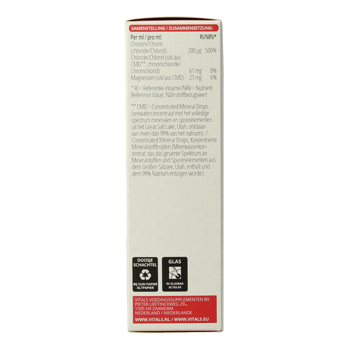 Vitals Elementair mineralen enkel in chroom finish, 60ml bottle, featuring a sleek design for health supplement use.