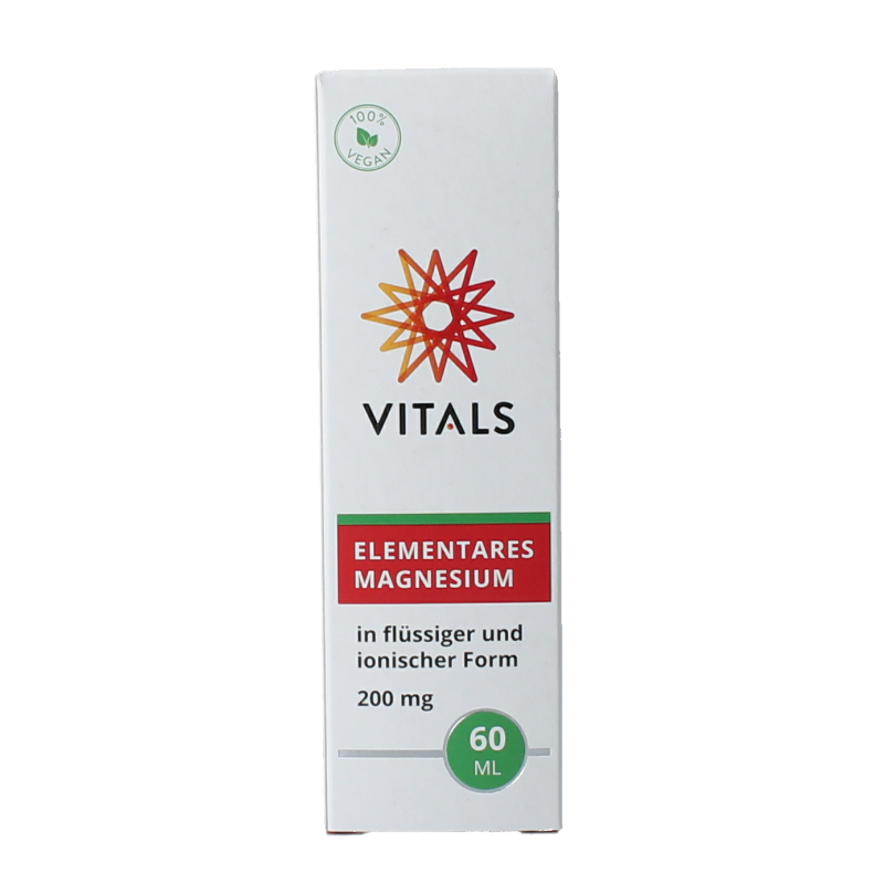 Bottle of Vitals Elementair magnesium mineral supplement in 60ml container, featuring the product label and cap.