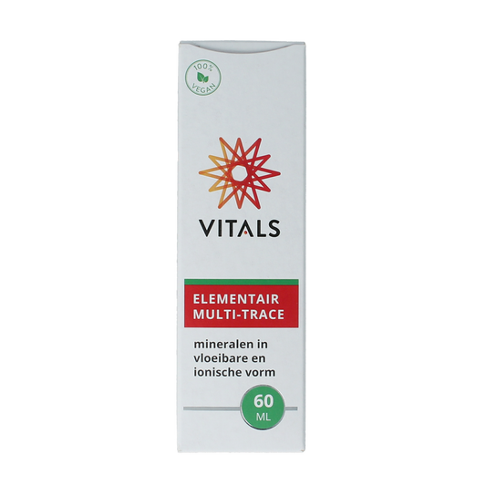 Vitals Elementair multi-trace mineral supplement bottle with 60ml liquid, showcasing the Vitals brand label and product packaging.