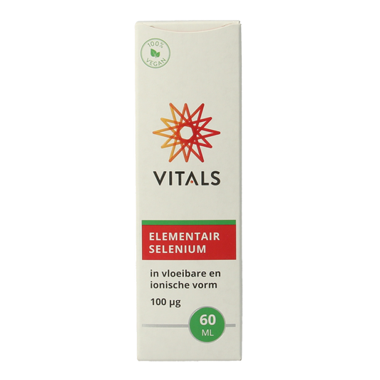 Vitals Elementair selenium mineral supplement in a 60ml bottle, with a clear label showing the Vitals brand and product details.