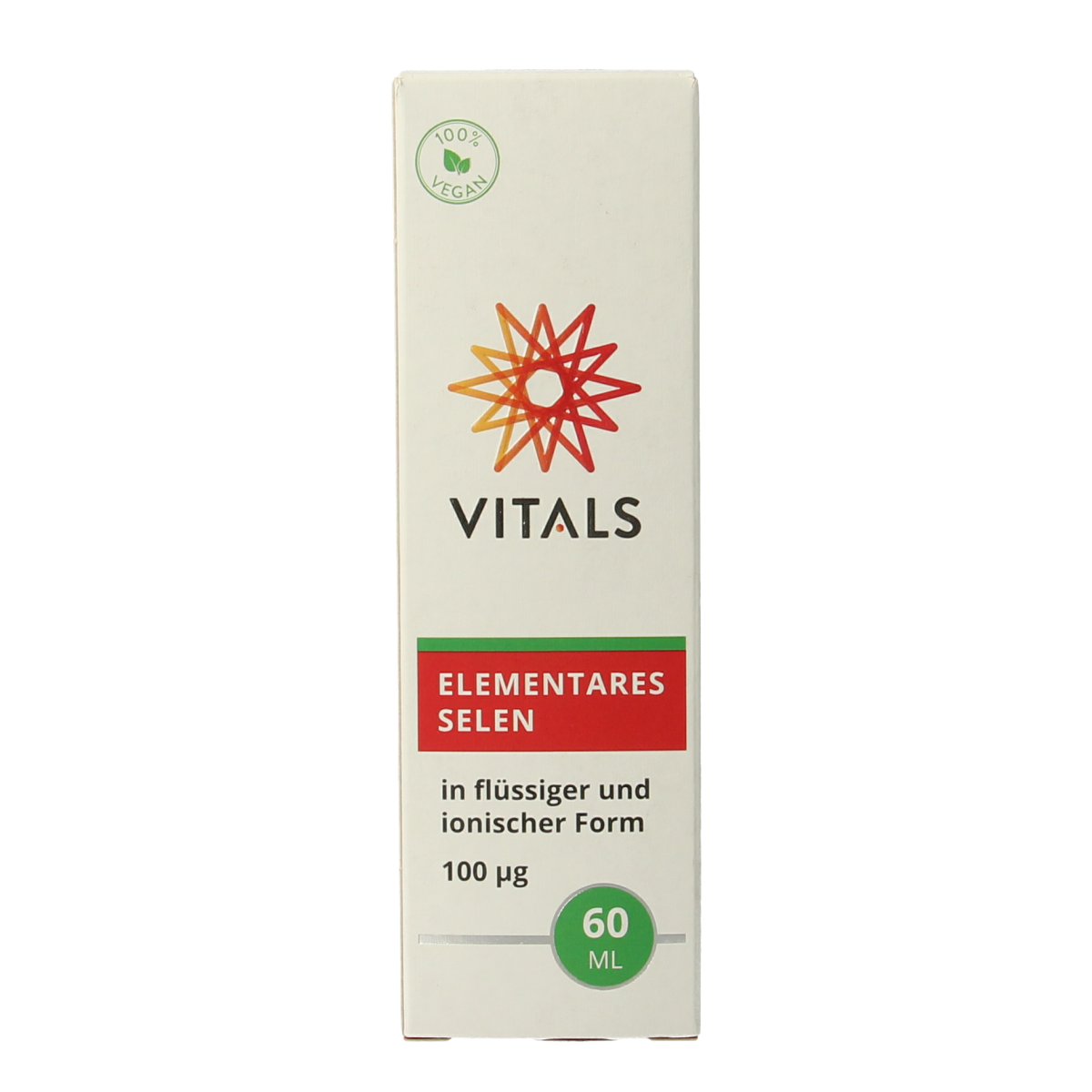 Vitals Elementair Selenium mineral supplement bottle, 60ml, with yellow cap and label, showcasing the product in a retail setting.