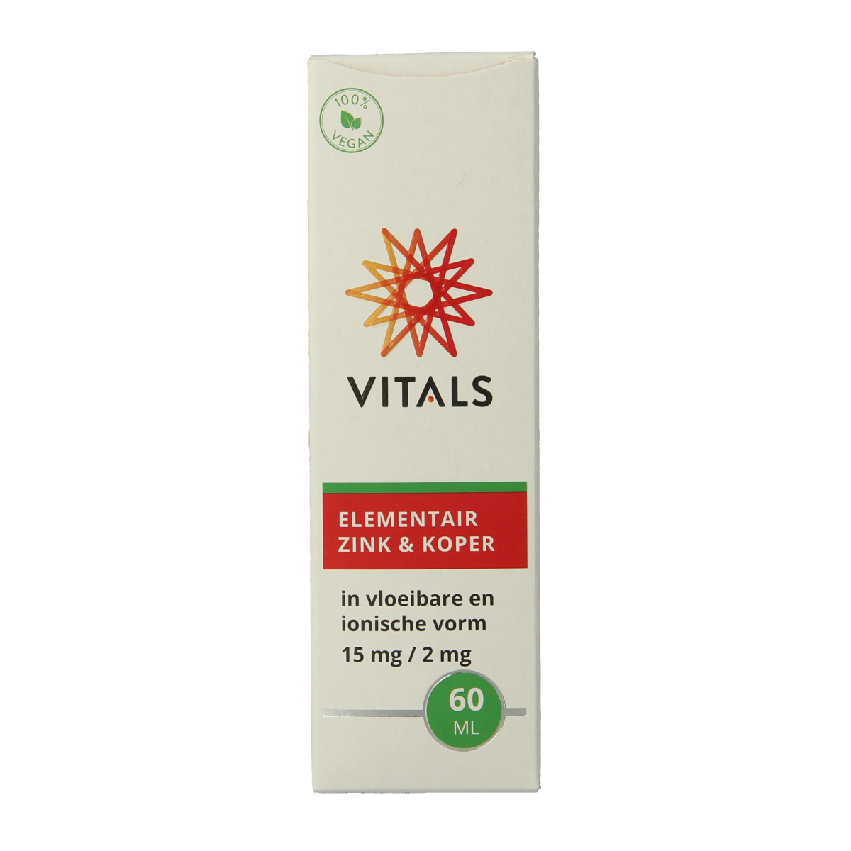 Bottle of Vitals Elementair zinc and copper mineral supplement in a 60ml container, with the product label visible.