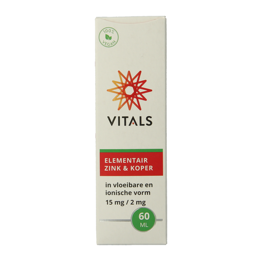 Bottle of Vitals Elementair zinc and copper mineral supplement in a 60ml container, with the product label visible.