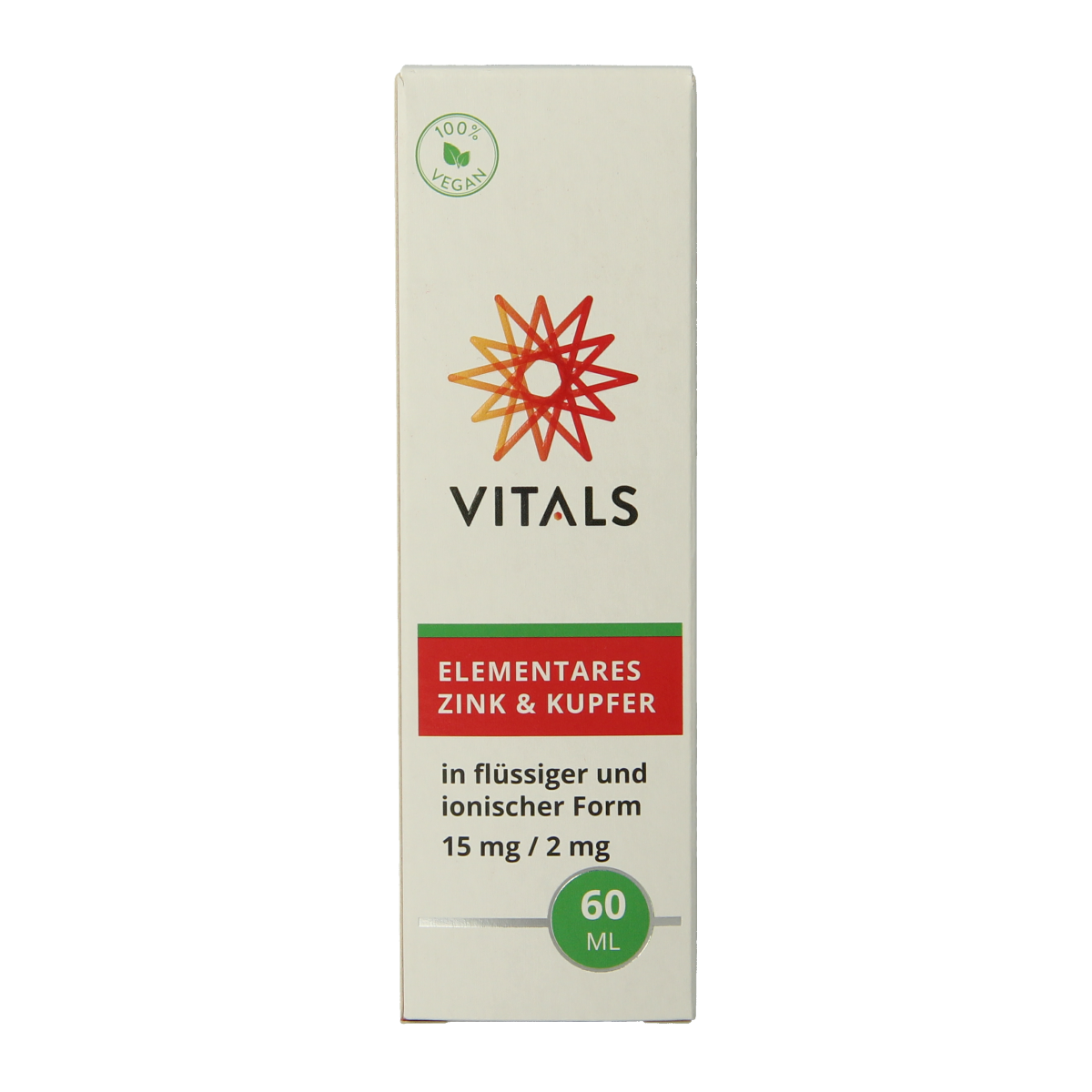 Vitals Elementair Zink en Koper mineralen supplement in 60ml bottle, featuring zinc and copper for overall mineral support.