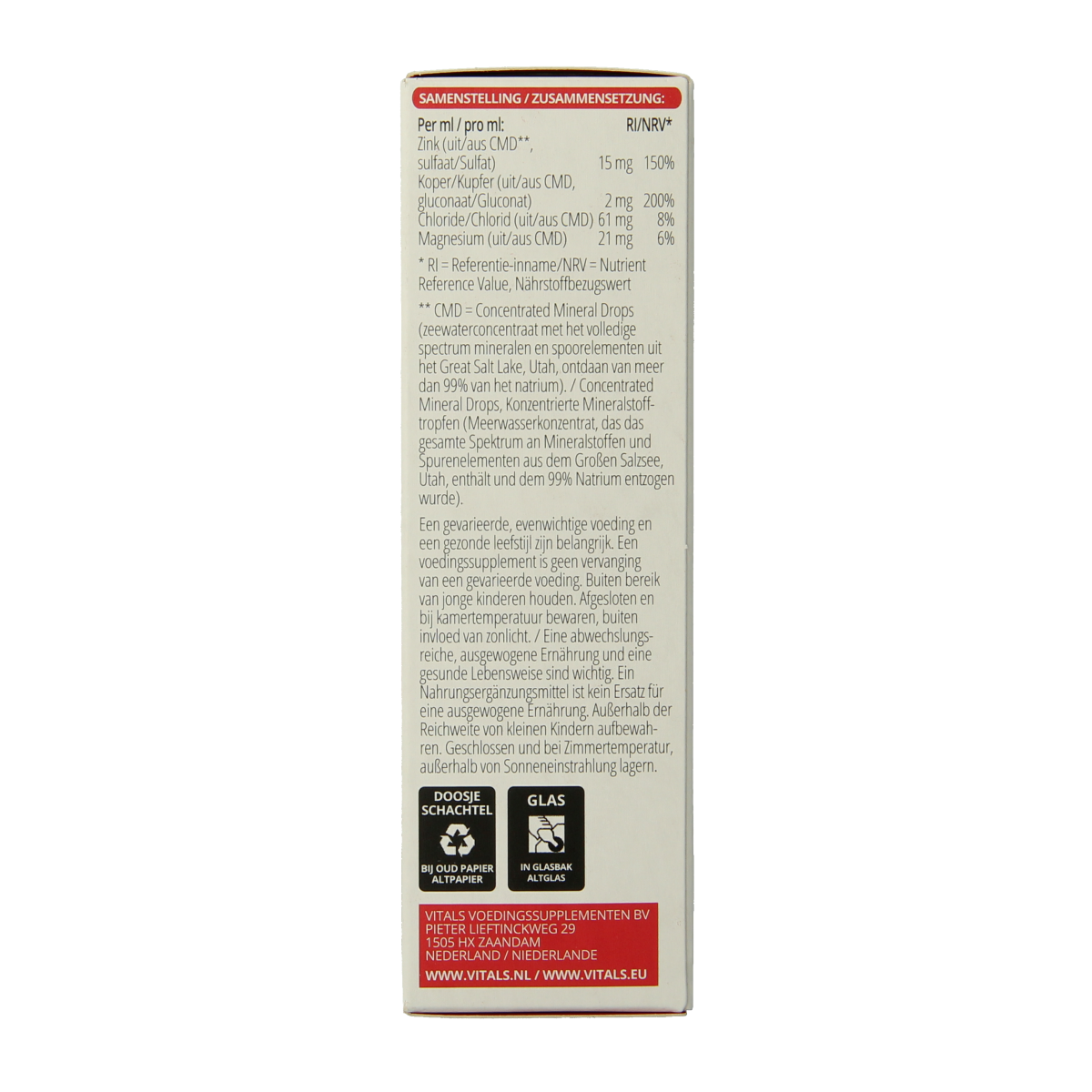Vitals Elementair Zink & Koper mineral supplement bottle, 60ml, with zinc and copper ingredients in a clear container.