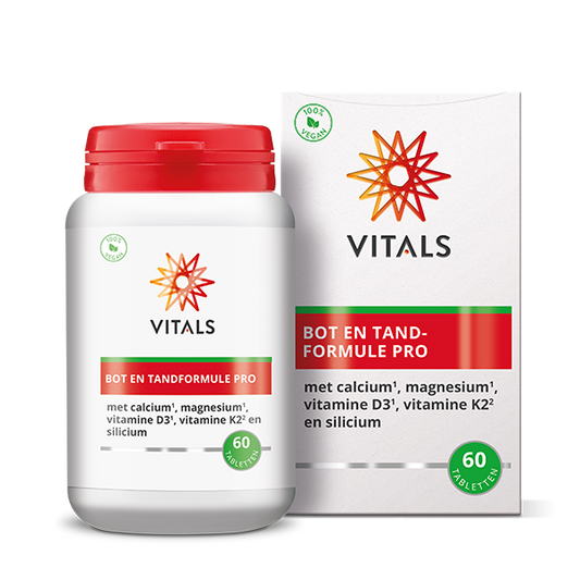 Vitals Bot en tandformule pro 60 tablets, mineral multivitamin supplement in a white bottle with a blue cap, shown on a white background.