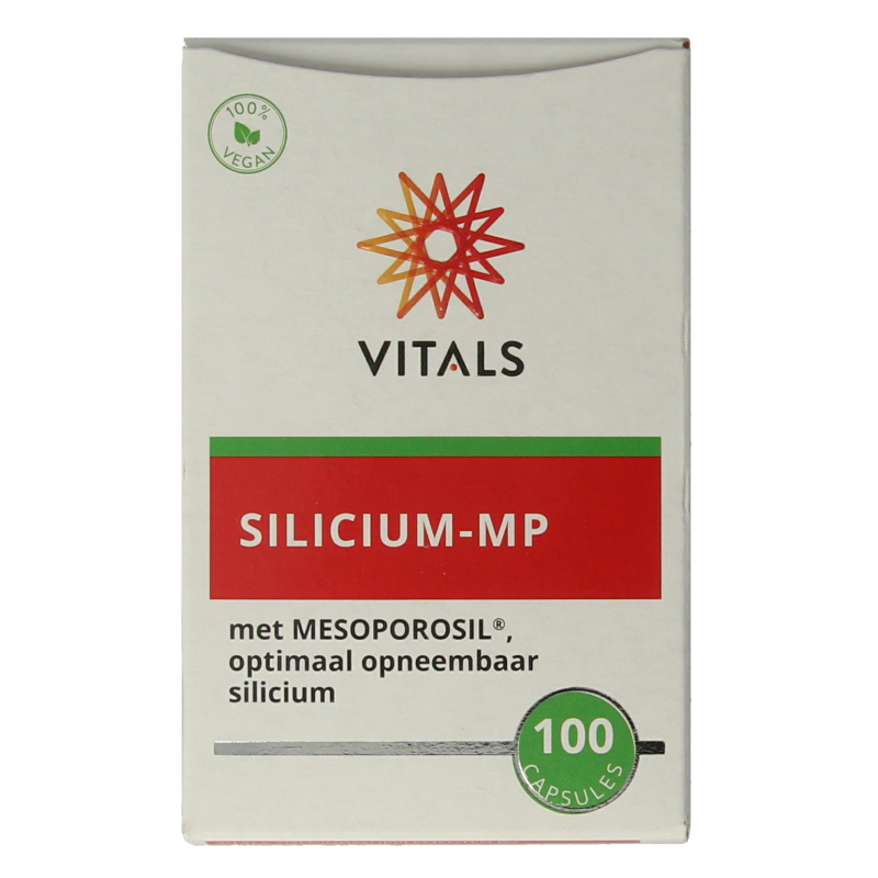 Bottle of Vitals Silicium MP 100 capsules, mineral supplement in a white container with label, designed for healthy skin, hair, and nails.