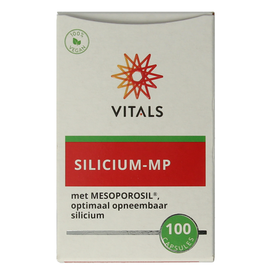 Bottle of Vitals Silicium MP 100 capsules, mineral supplement in a white container with label, designed for healthy skin, hair, and nails.
