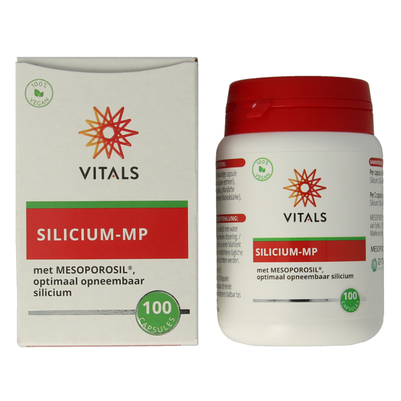 Vitals Silicium MP mineral capsules in a bottle, showing the 100 capsules for healthy skin and joint support.