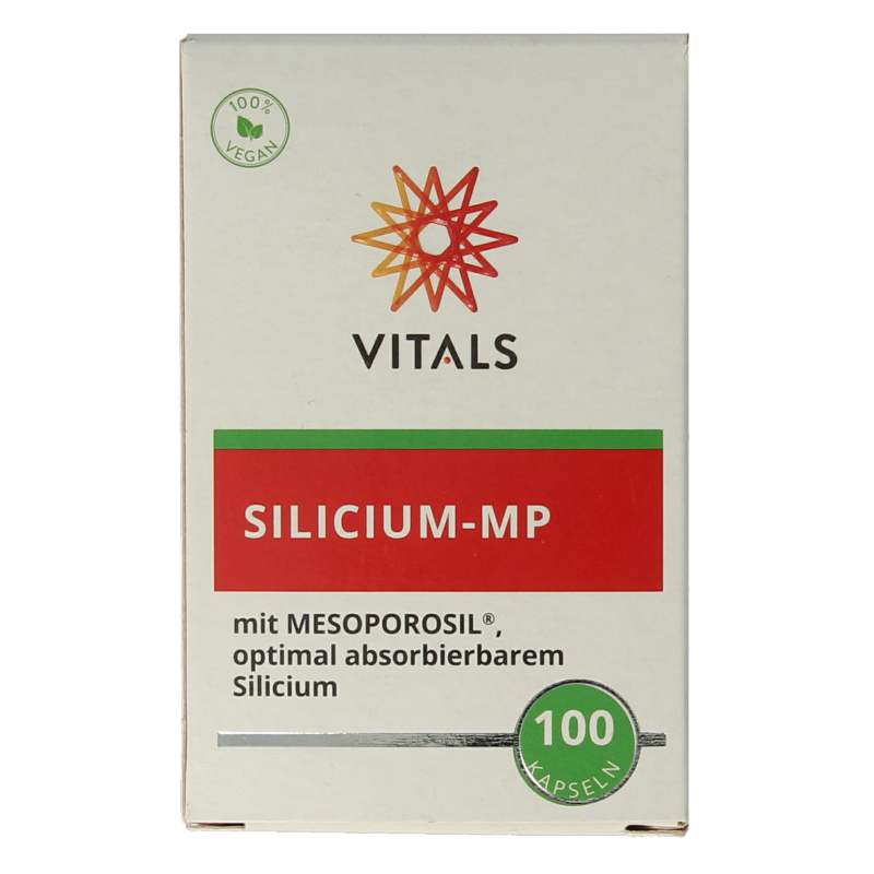 Vitals Silicium MP mineral capsules in a bottle, showing the supplement's label and 100 capsules for healthy skin and hair.