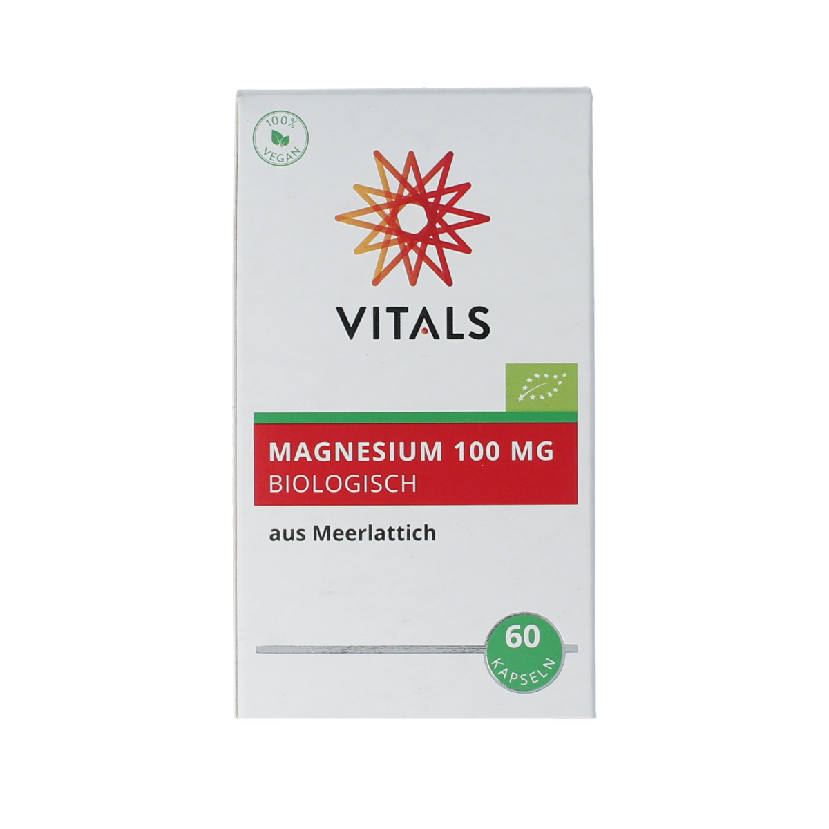 Vitals Magnesium 100mg mineral capsules, 60 count, featuring natural magnesium supplement in a clear bottle with capsules inside.