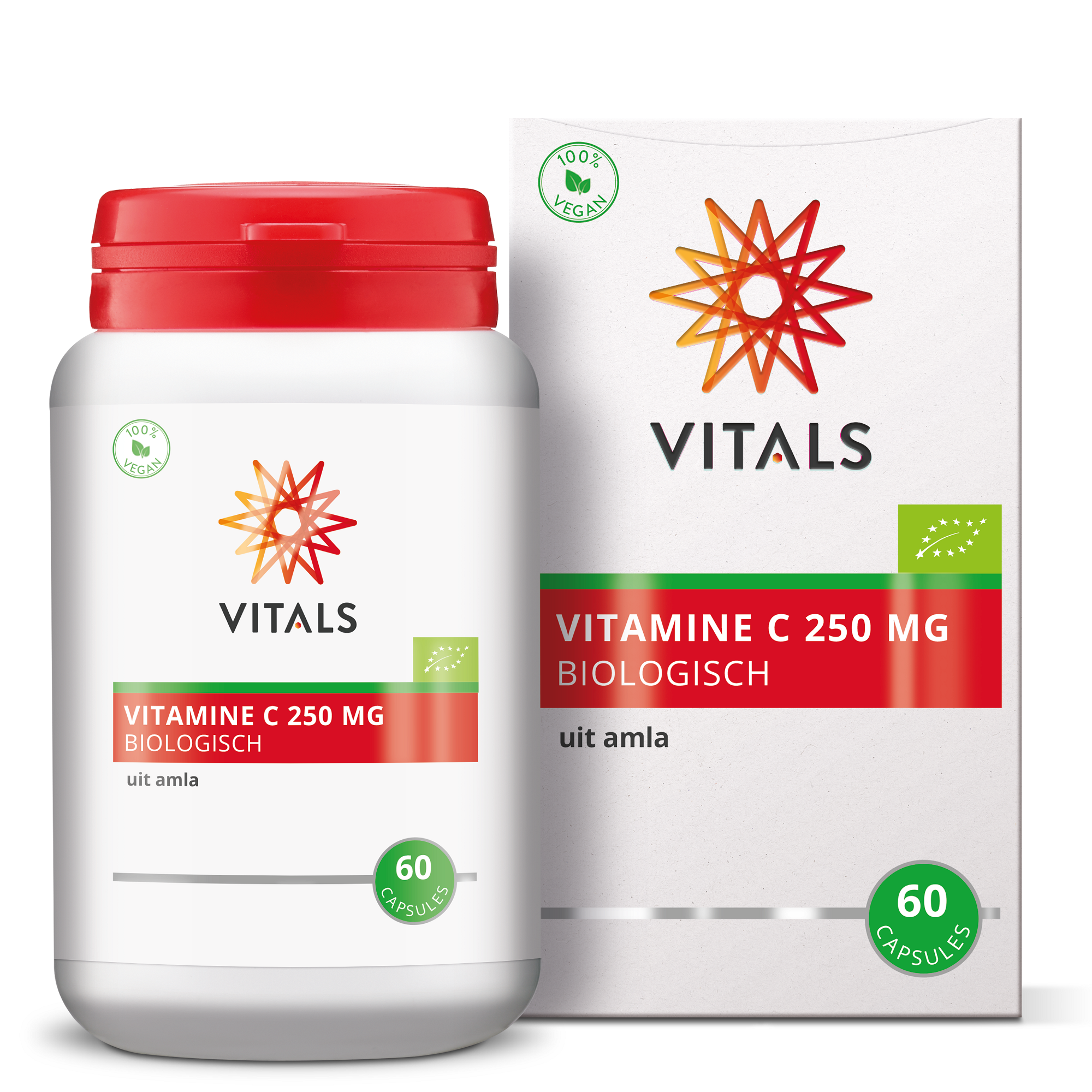 Vitals Vitamine C 250mg bio capsules, 60-count, close-up of the supplement bottle with capsules inside.