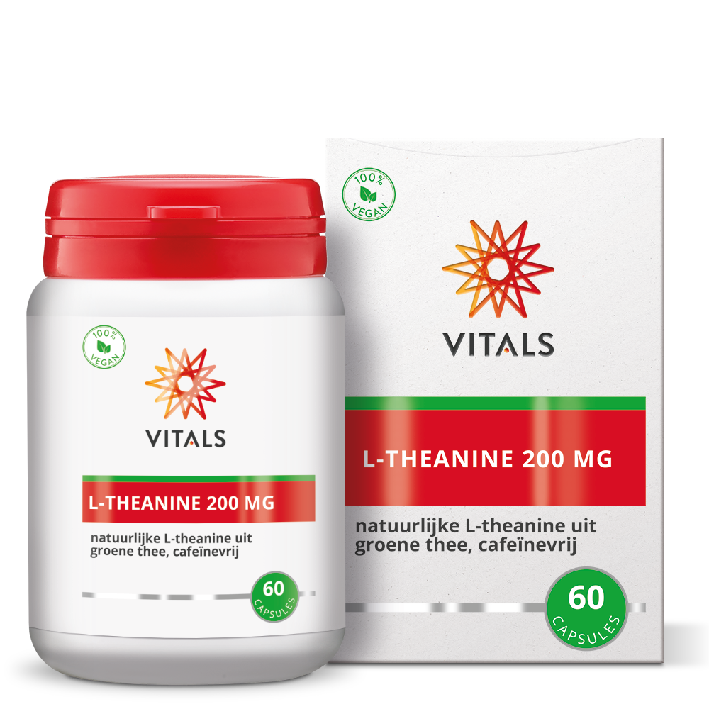 Vitals L-Theanine 200mg vegetarian capsules, amino acids supplement in a clear bottle with capsules visible inside.