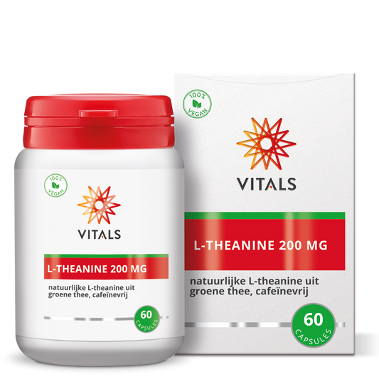 Vitals L-Theanine 200mg vegetarian capsules, amino acids supplement in a clear bottle with capsules visible inside.