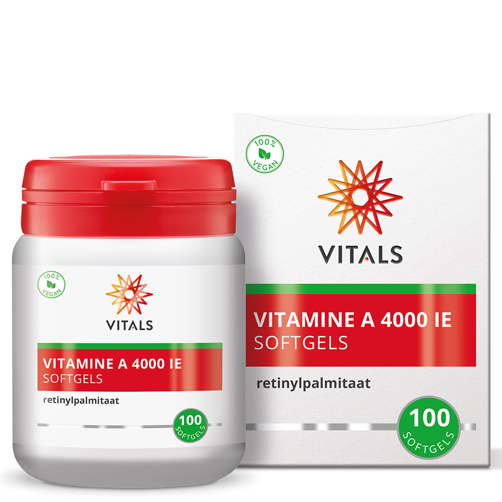 Vitals Vitamine A 4000IE softgels in a bottle, dietary supplement for eye and immune health, produced by Vitals.