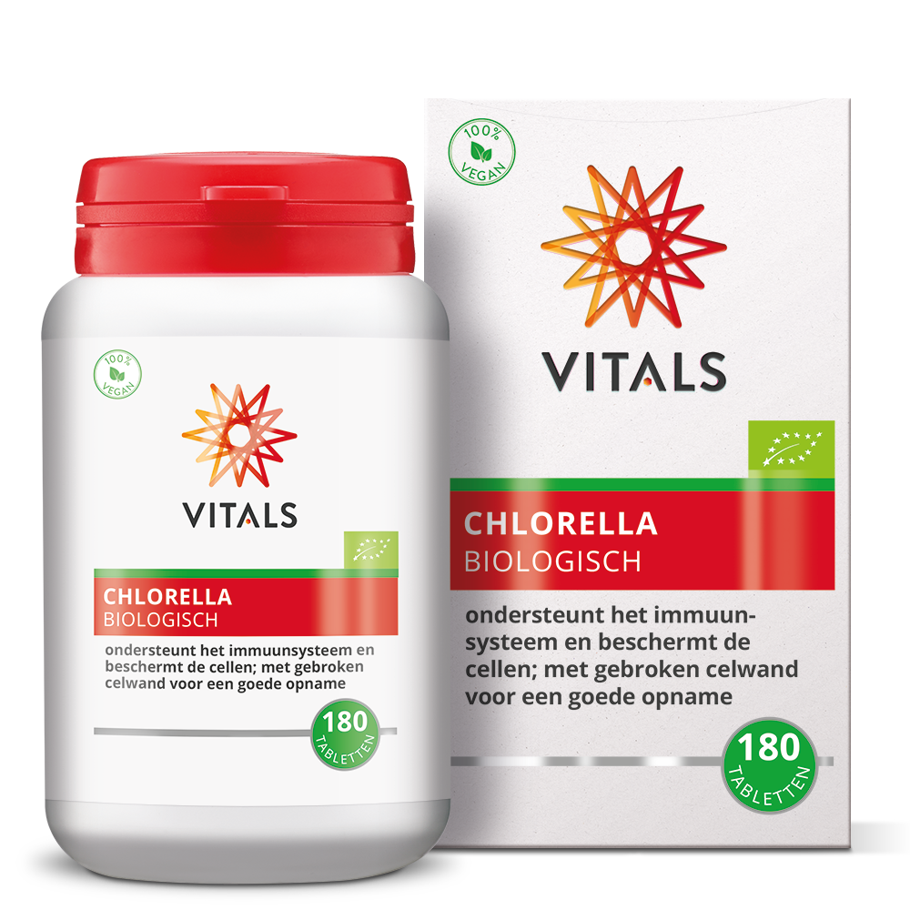 Vitals bio Chlorella supplement, 180 tablets, natural herbal preparation with vibrant green Chlorella tablets.